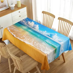Waterproof rectangular tablecloth with beach ocean print for modern home dining decor.