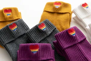 Japanese style women slouch socks with rainbow heart embroidery rolled cuff cotton socks