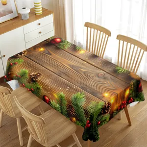 Christmas rectangular waterproof tablecloth wood grain pine branch red berry decor detail