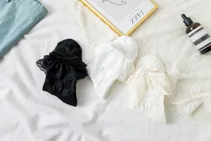JK Lolita style lace ruffle mid-calf socks for women, sweet cute black white stockings 3 pairs.