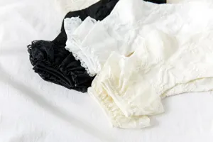 Detail view of Japanese Lolita style lace ruffle mid-calf socks in black and white.
