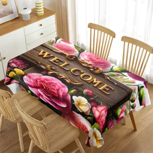 Waterproof rectangular tablecloth with peony floral pattern and welcome text for table decor.
