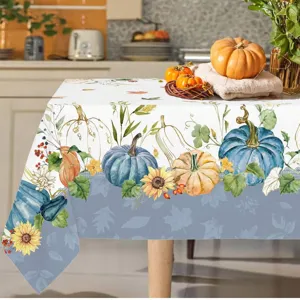 Nappe de table d'automne imperméable avec citrouilles et tournesols en aquarelle.