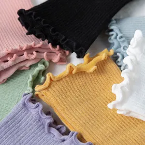 Colorful ribbed ruffled socks with lettuce edge, trendy Japanese style mid-tube cotton socks.