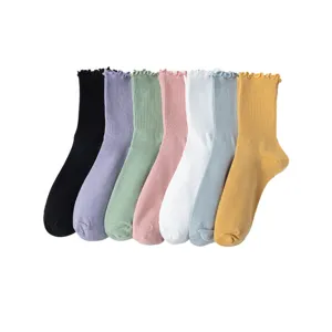 Women ruffle cuff ribbed mid tube socks multipack, colorful solid daily casual wear hosiery.