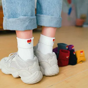 Women Japanese Style Crew Stacking Socks Cotton Rainbow Heart Embroidery Rolled Cuff Casual Cute Student Socks