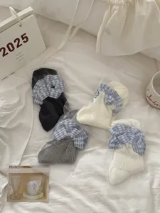 Chaussettes pour femmes style coréen avec volants à carreaux bleus, chaussettes en coton douces.