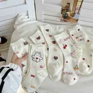Cute cartoon print mid-calf socks for women, Japanese style breathable spring white socks.