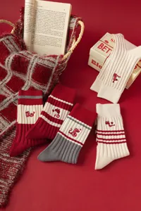 Red women's mid-tube socks featuring cute snake embroidery, cozy knitted style for daily wear.