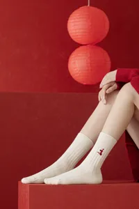 Red snake zodiac women knit socks, thick ribbed crew socks, festive casual hosiery.