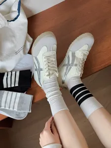 Japanese style women knee high socks with classic three stripe design fashion casual
