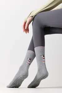 Women cute dog five toe sports socks anti slip silicone yoga pilates mid tube socks