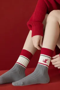 Red mid-tube knit socks for women, 2024 new Year of the Snake festive style with cute embroidery.