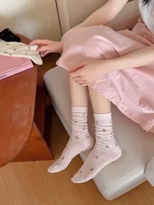 Japanischer Stil Damen Blumen Mesh hohl atmungsaktiv Mittelsocken Frühling Sommer dünn rosa