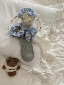 Femmes mignonnes chaussettes mi-hautes à volants vichy bleu printemps été style doux mode