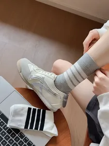 Japanese style grey mid-calf socks with white stripes, soft breathable JK college daily wear.
