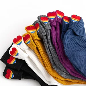Cute women mid tube slouch socks with sweet rainbow heart embroidery, cozy cotton casual hosiery.