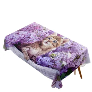 Waterproof rectangular tablecloth with cute kitten and purple flower print for home decor