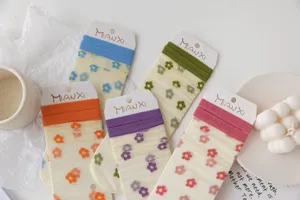 Gros plan des détails de chaussettes transparentes en soie de verre avec de petits motifs floraux.