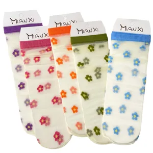 Chaussettes été fines femme en soie de verre transparente japonaises à fleurs courtes