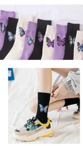 Chaussettes mi-hautes en coton pour femmes avec imprimé papillon, mode quotidienne.