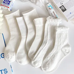Women's Cute Japanese Style Crew Socks Cotton Breathable Solid Color Jacquard Casual Spring Summer Hosiery