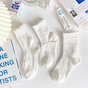 White mid-calf socks Japanese style cute JK socks thin spring summer women cotton socks 3 pairs