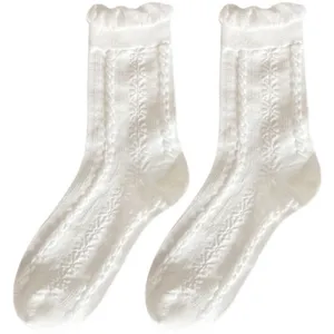 White cute ruffle mid tube socks Japanese JK Lolita style thin breathable women hosiery