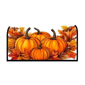 Pumpkin mailbox cover autumn harvest floral design outdoor decorative fabric mailbox wrap detail.