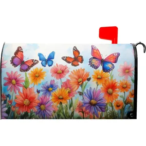 Detailansicht der bunten Aquarell Blumen und Schmetterlinge Briefkastenabdeckung.