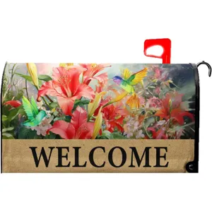 Housse de boîte aux lettres magnétique décorative avec motif floral colibri coloré.