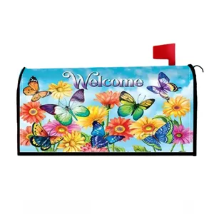 Copertura per cassetta postale decorativa con fiori primaverili e farfalle colorate.