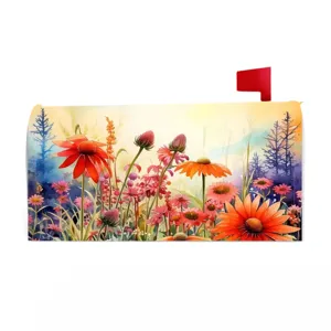 Meravigliosa copertura magnetica per cassetta postale con fiori colorati e bandierina rossa.