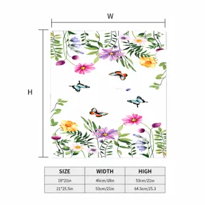 Detailansicht der Blumen-Briefkastenabdeckung mit Maßangaben und praktischer Größentabelle.