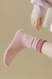 Women mid tube socks double ribbed contrast fake two piece casual sports fashion wear