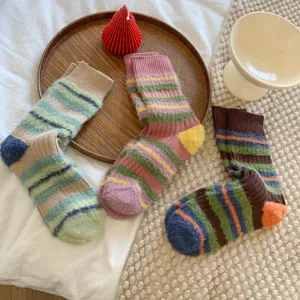 Cozy fuzzy striped mid-calf socks detail, soft winter warm hosiery with color block.