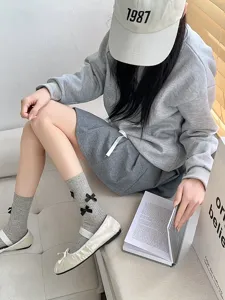 Cute Japanese sweet bow mid-calf socks for women, retro casual grey cotton ribbed hosiery.