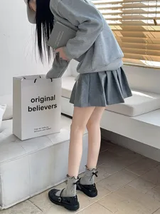 Spring summer thin bow socks women Lolita college style cute stack socks ruffles vertical stripe