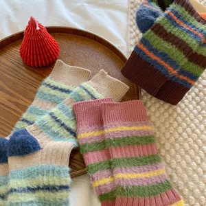 Cozy fluffy fuzzy striped colorblock winter socks sweet warm retro mid tube women socks