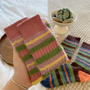 Cozy fluffy striped mid-tube women socks, retro thick line color block warm winter knit socks