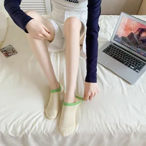 Women contrast green trim low cut boat socks breathable thin ribbed cotton summer invisible socks