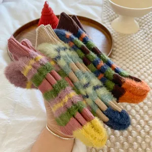 Cozy Korean style plush winter socks with colorful stripes, soft thick knit warm retro mid tube.