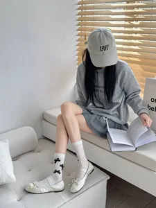 Sweet Lolita white mid-calf socks for women, cute black bow slouch socks for spring summer