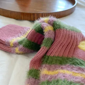Retro colorblock fuzzy mid-calf socks for women, sweet style thick striped winter warm socks.