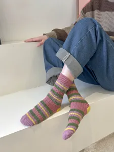 Fluffy fuzzy striped mid-tube women socks sweet retro autumn winter warm cozy colorful