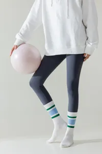 Women white sports long socks with green blue stripes comfortable fitness pilates running