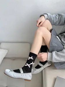Japanese sweet lolita black mid-calf socks with cute pink bows for women spring summer daily wear