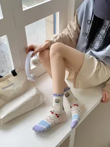 Detail view of cute mesh summer crew socks featuring adorable bear and cherry patterns for women.