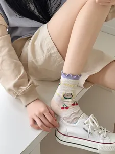 Detail shot of cute cartoon bear mesh cotton socks with sweet ruffles for summer daily wear.