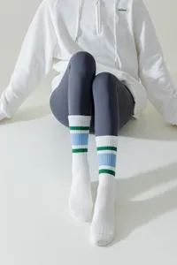 White stripe yoga socks for women, mid-calf athletic sport socks for gym fitness and pilates.